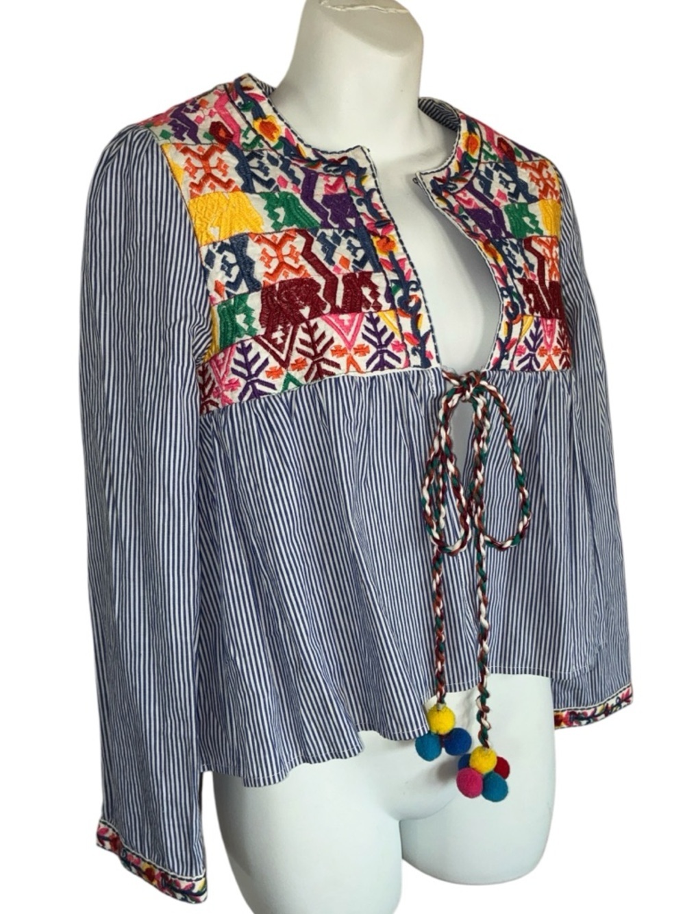 Velzera blouse Women's XS Blue/White Stripes Colorful Embroidered Yoke, Ties EUC